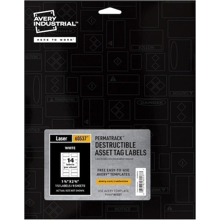 Avery PermaTrack Destructible Asset Tag Labels, 2.75" W, White, Rectangle, 5 PK AVE60537